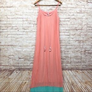 Magic Womens Maxi Dress Size L Spaghetti Strap Pleated Tassels Spring Peach NWT